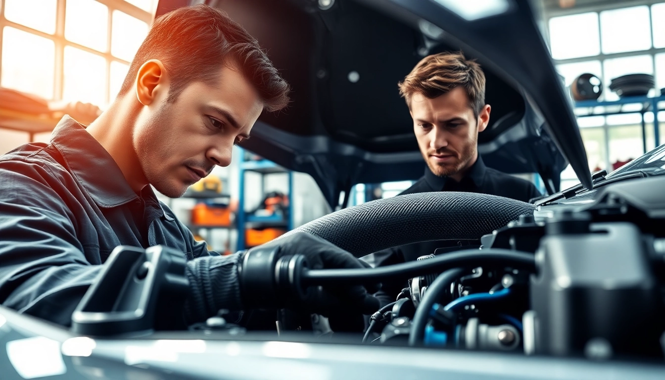 Mechanic repairing Auto Kufen with expert precision in a bright workshop.