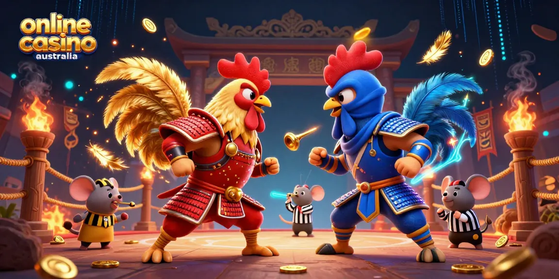 Experience thrilling action at online casino australia with roosters in combat, golden feathers, and vibrant casino elements.