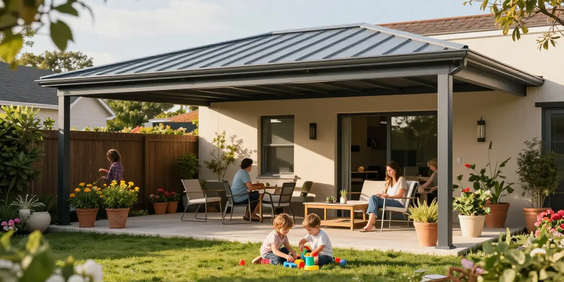 Terrassenüberdachungen in einem modernen Garten mit Familie und Pflanzen.