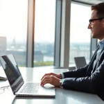 Headhunter Schweiz in modern office setting connecting with clients via video call.