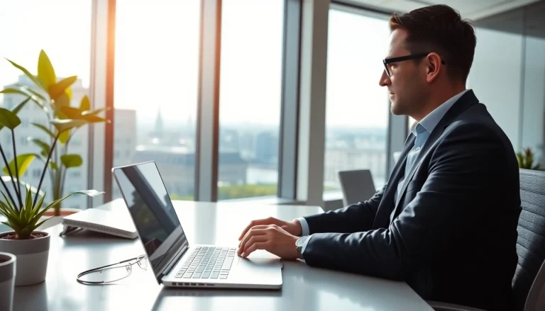 Headhunter Schweiz in modern office setting connecting with clients via video call.