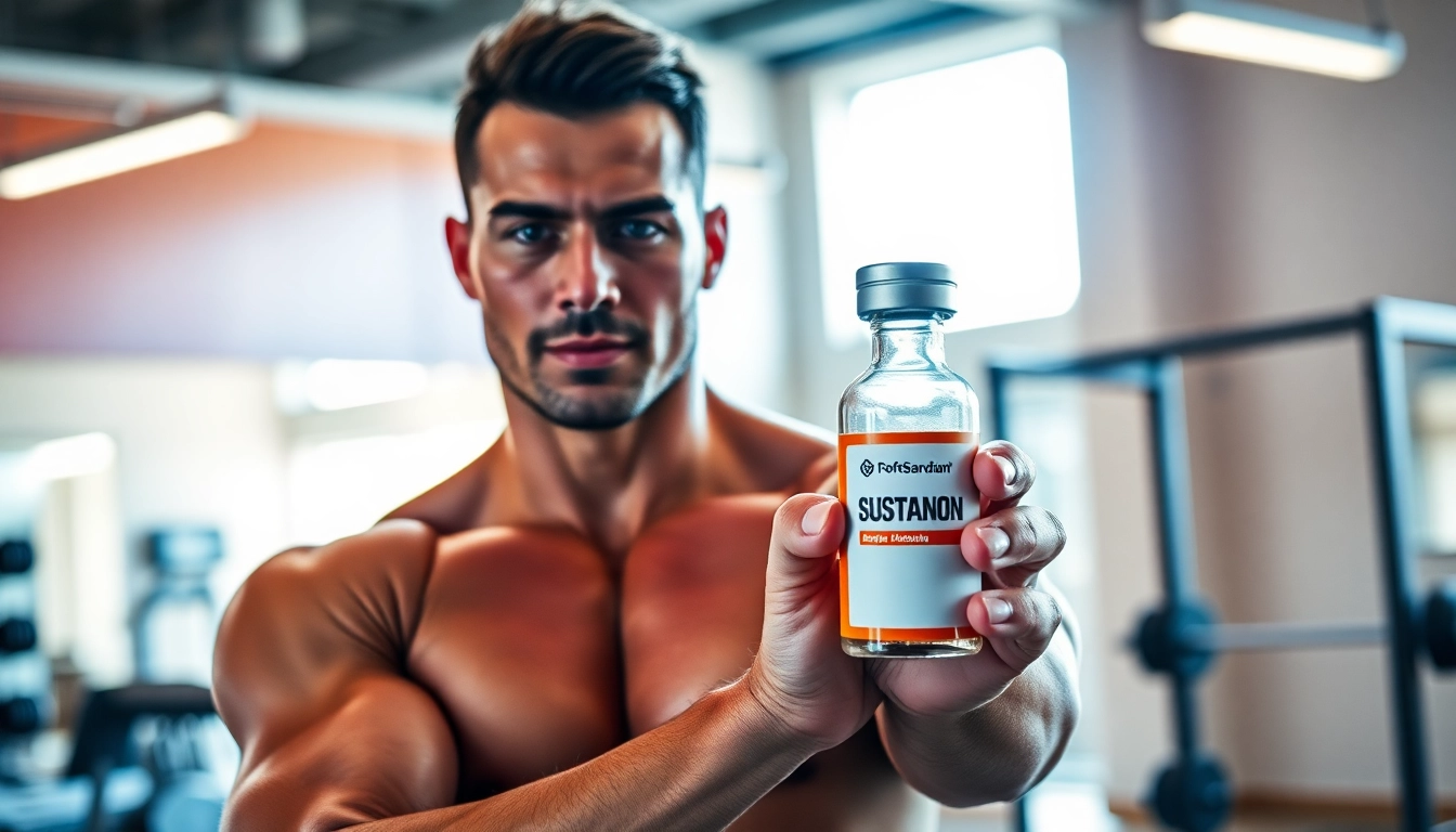Sustanon kaufen: Athlete confidently presenting Sustanon in a gym, showcasing strength and vitality. related image